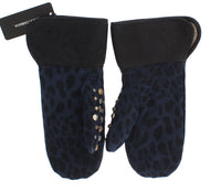Dolce & Gabbana Gray Wool Shearling Studded Blue Leopard Men's Gloves