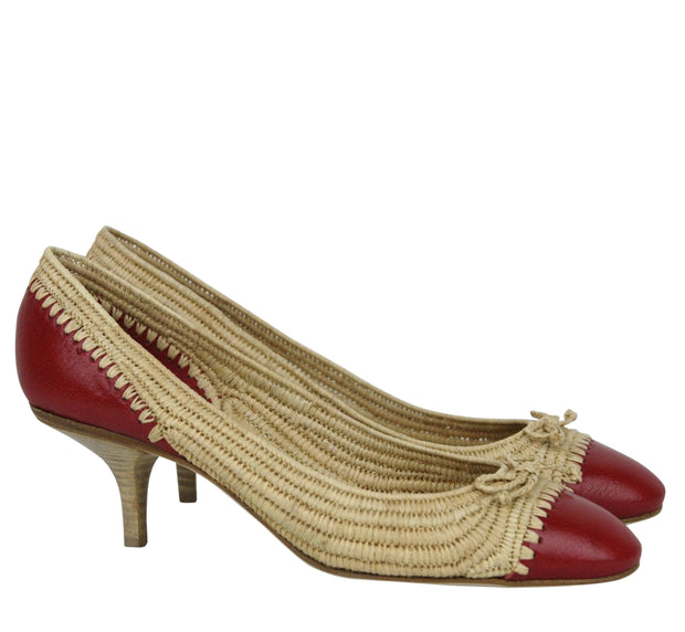 Bottega Veneta Women's Bow Beige Red Straw Leather Ballet Flat (39.5 EU / 9.5 US)