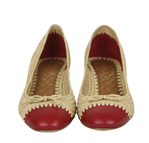 Bottega Veneta Women's Bow Beige Red Straw Leather Ballet Flat (39.5 EU / 9.5 US)