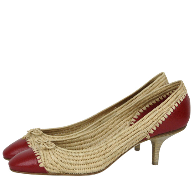 Bottega Veneta Women's Bow Beige Red Straw Leather Ballet Flat (39.5 EU / 9.5 US)