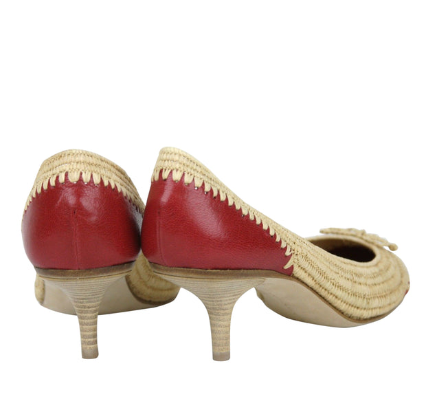 Bottega Veneta Women's Bow Beige Red Straw Leather Ballet Flat (39.5 EU / 9.5 US)