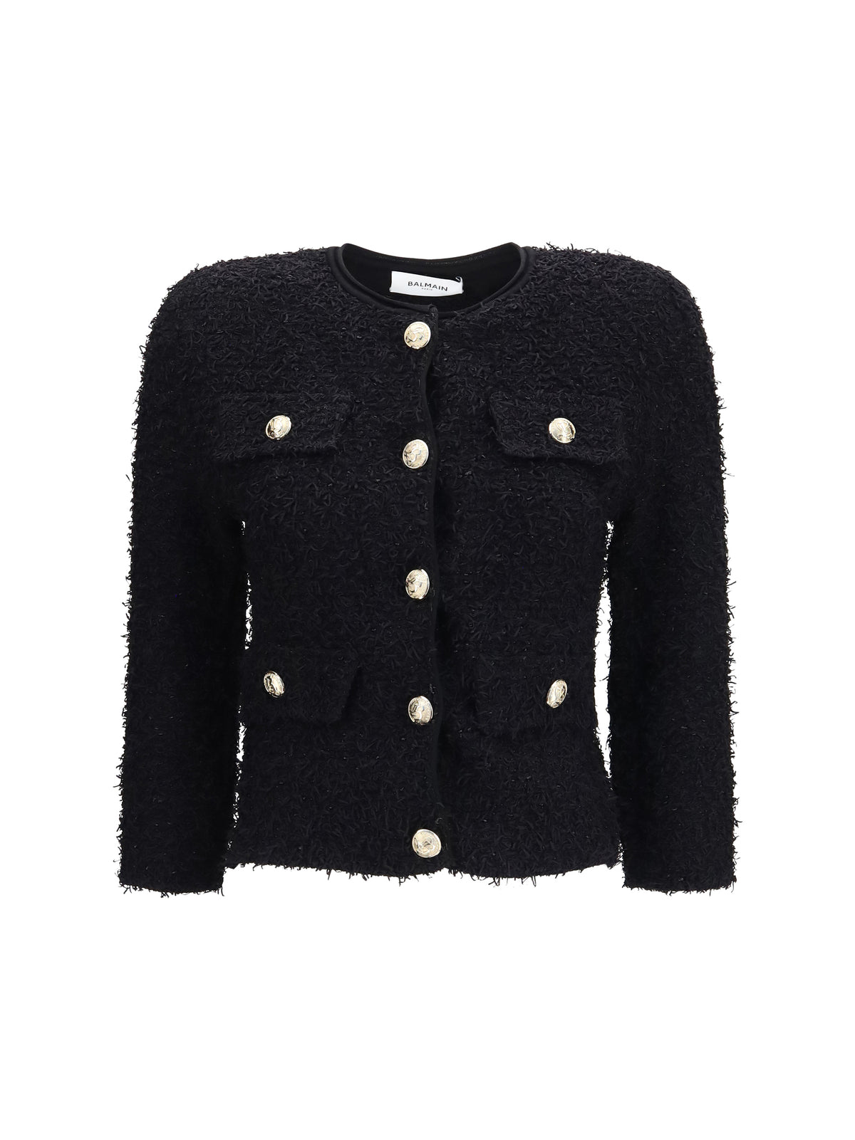 Balmain Women Double-Breasted Tweed Cropped Jacket With Logo Buttons