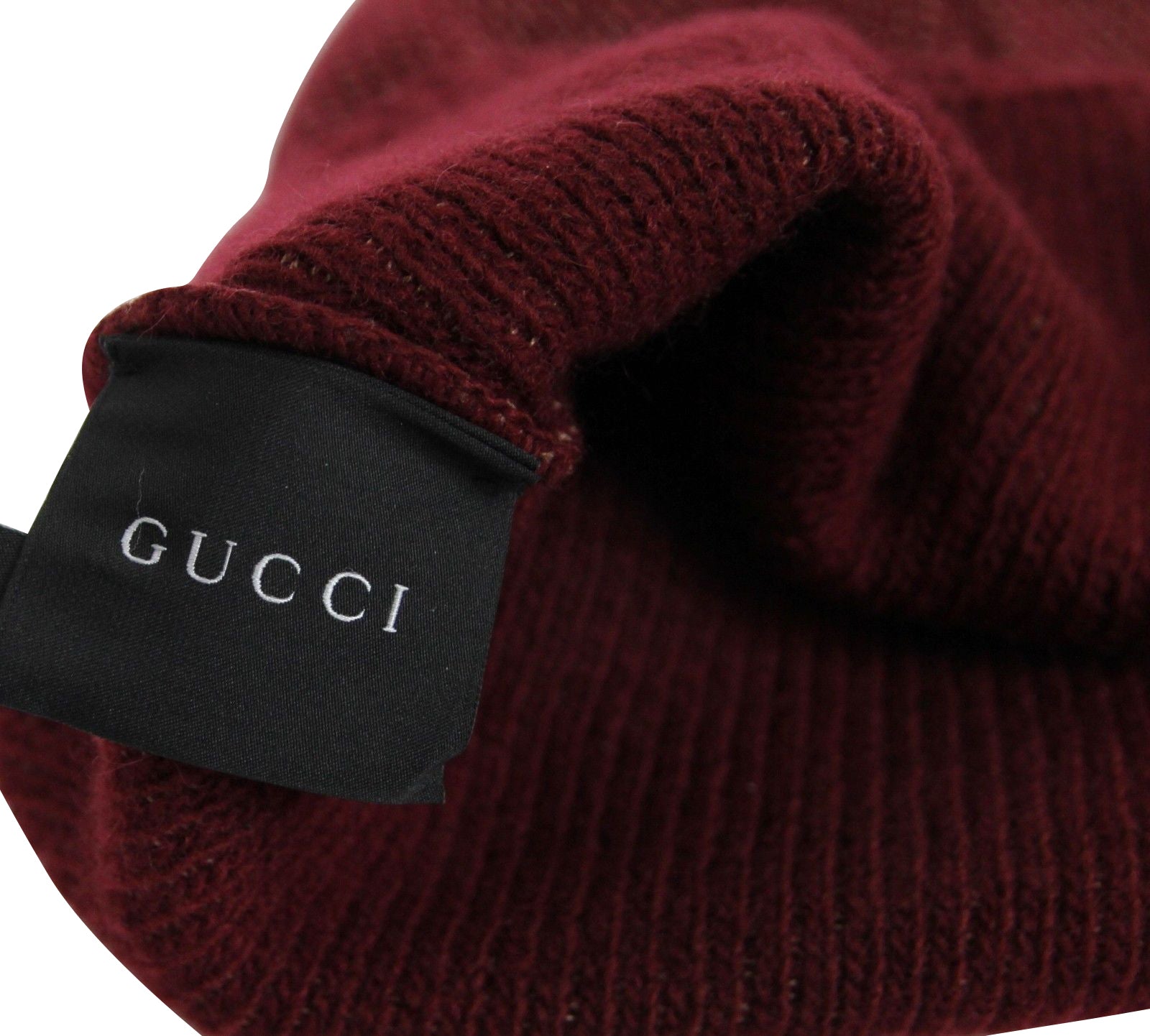 Gucci Unisex Burgundy Wool Cashmere Cotton Knit Beanie Hat With Logo
