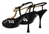 Dolce & Gabbana Black Satin Clear Crystal T-strap Sandal Women's Shoes