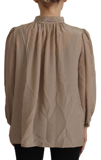 Dolce & Gabbana Brown Waistband Sleeves Ascot Collar Top Women's Blouse