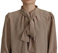 Dolce & Gabbana Brown Waistband Sleeves Ascot Collar Top Women's Blouse