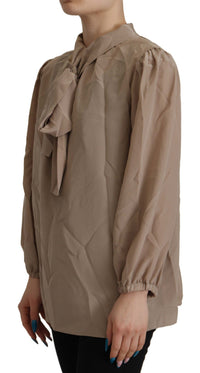 Dolce & Gabbana Brown Waistband Sleeves Ascot Collar Top Women's Blouse