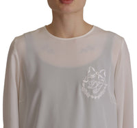 Dolce & Gabbana White Silk DG Logo Embroidered Long Sleeves Women's Blouse
