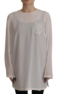 Dolce & Gabbana White Silk DG Logo Embroidered Long Sleeves Women's Blouse
