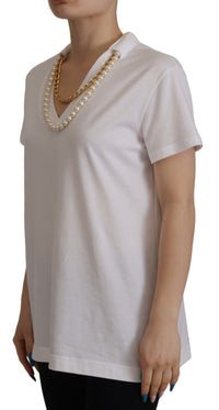 Dolce & Gabbana White Necklace Embellished Neckline T-shirt Women's Top