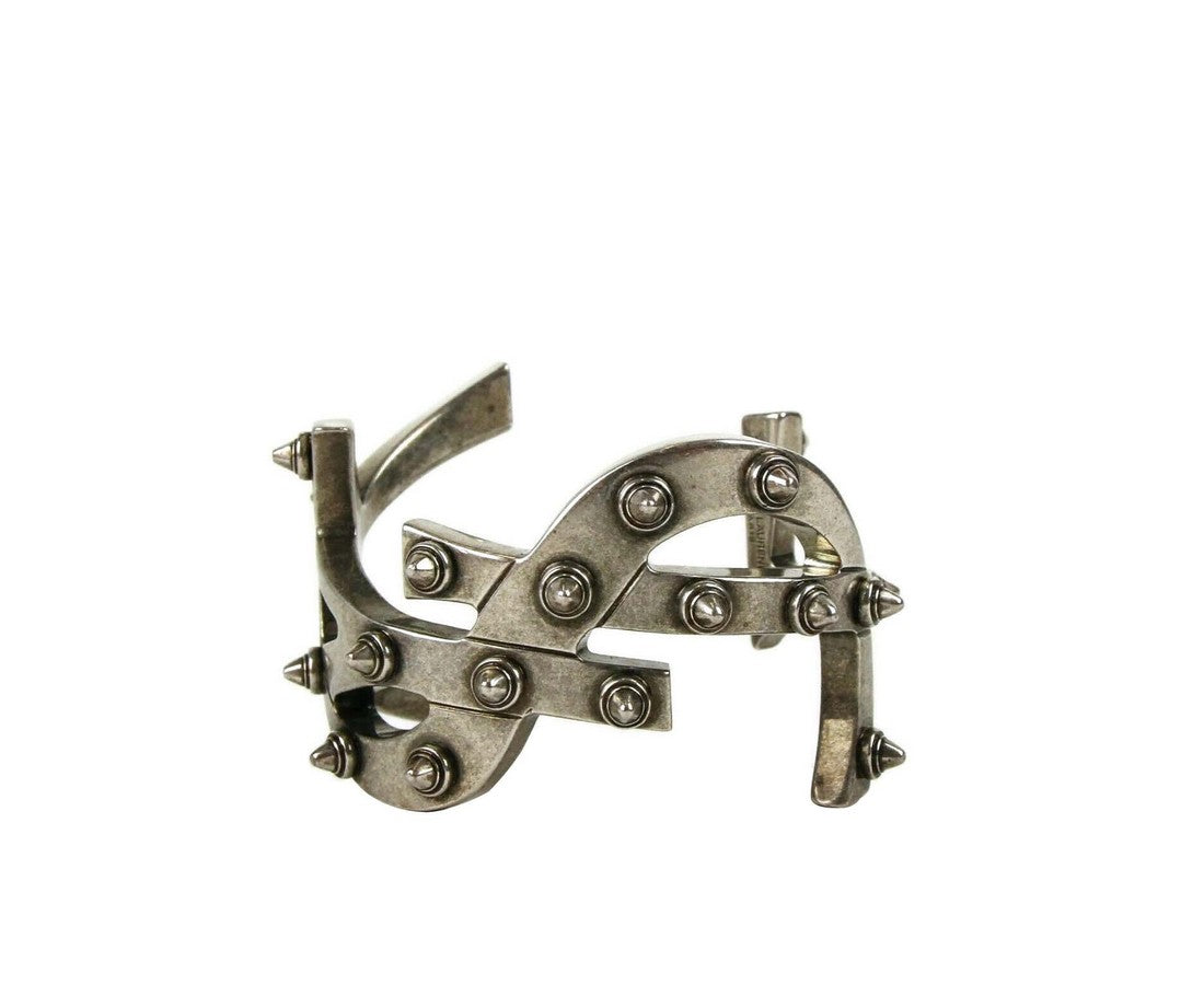 Saint Laurent Women's Silver Aged Brass Metal Monogram Bracelet Silver