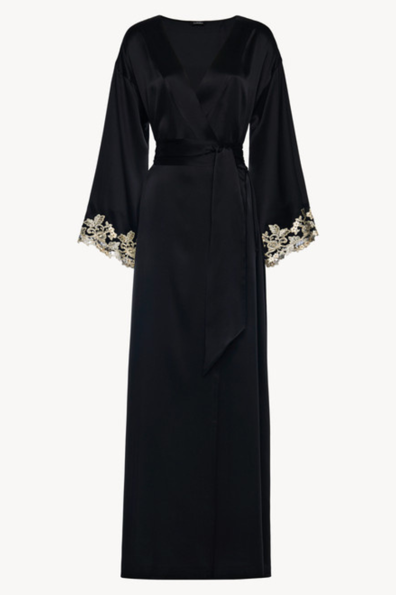 La Perla Black Long Silk Robe With Frastaglio Lpd0019231