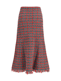 Self-Portrait Women Check Knit Midi Skirt With Frayed Edges
