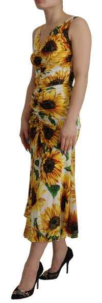 Dolce & Gabbana White Sunflower Print Sheath Midi Women's Silk