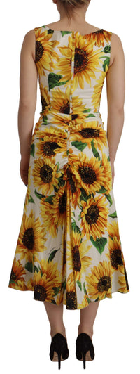Dolce & Gabbana White Sunflower Print Sheath Midi Women's Silk