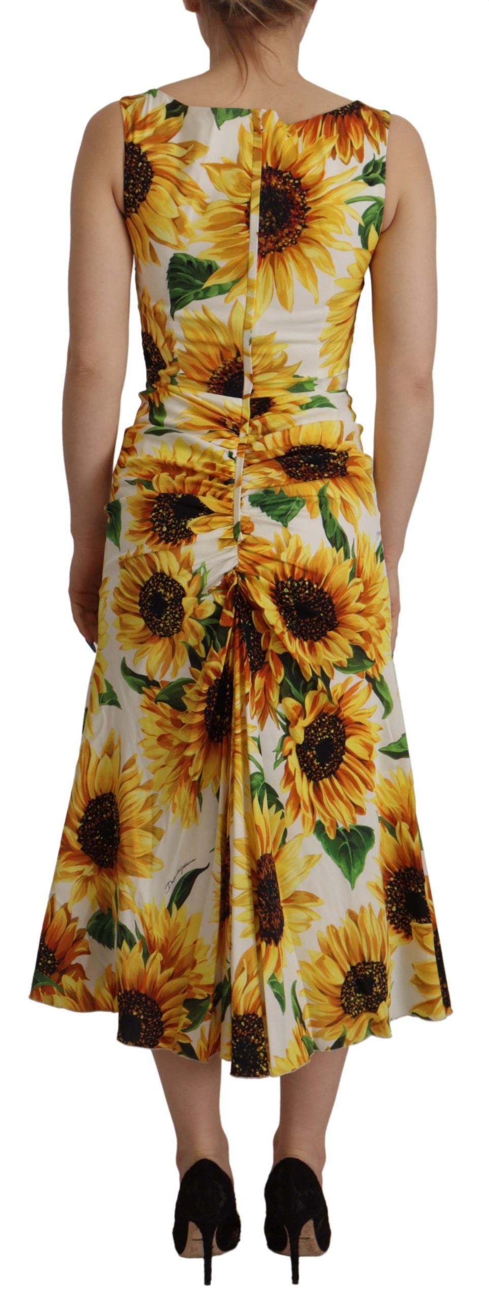 Dolce & Gabbana White Sunflower Print Sheath Midi Women's Silk