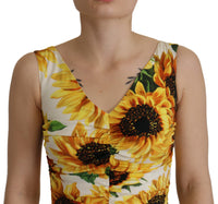 Dolce & Gabbana White Sunflower Print Sheath Midi Women's Silk
