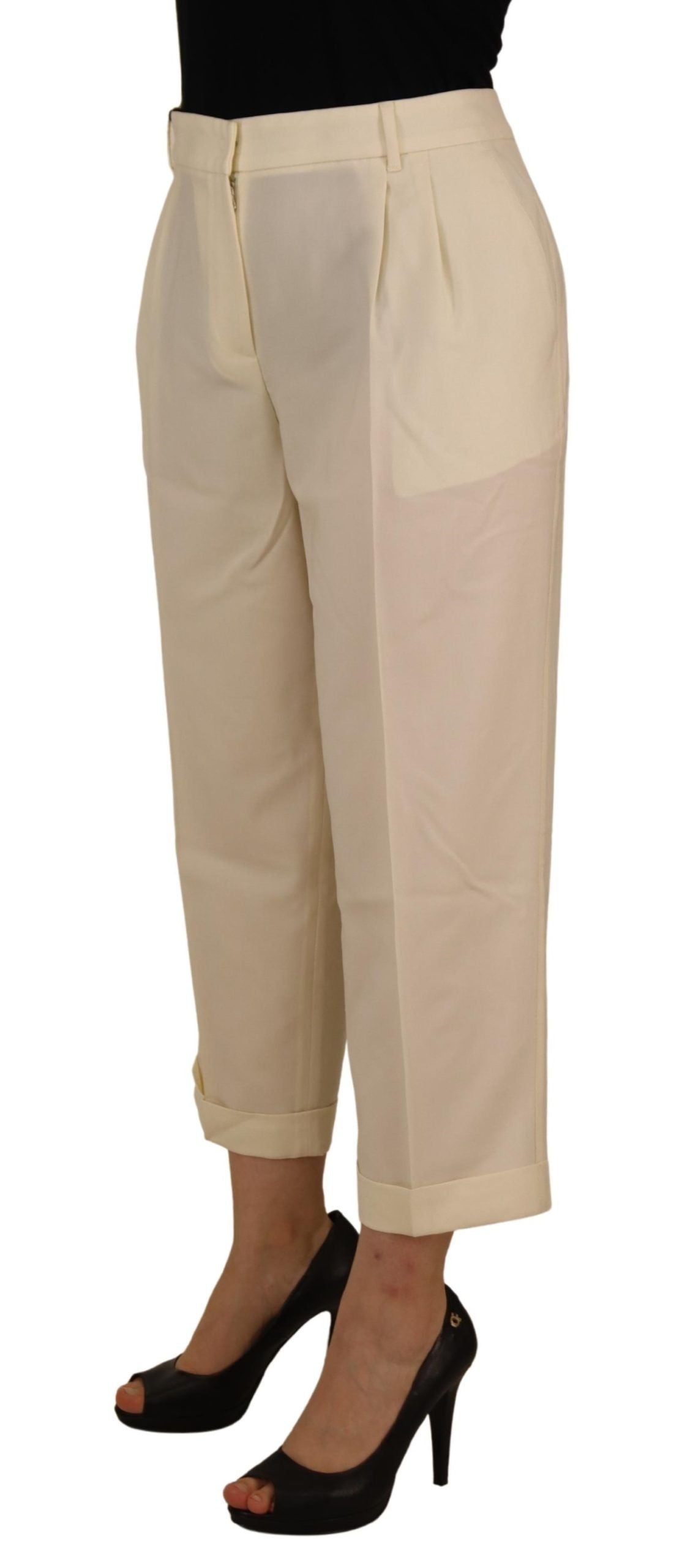 Dolce & Gabbana Ivory High Waist Cropped Folded Hem Trousers Women's Pants