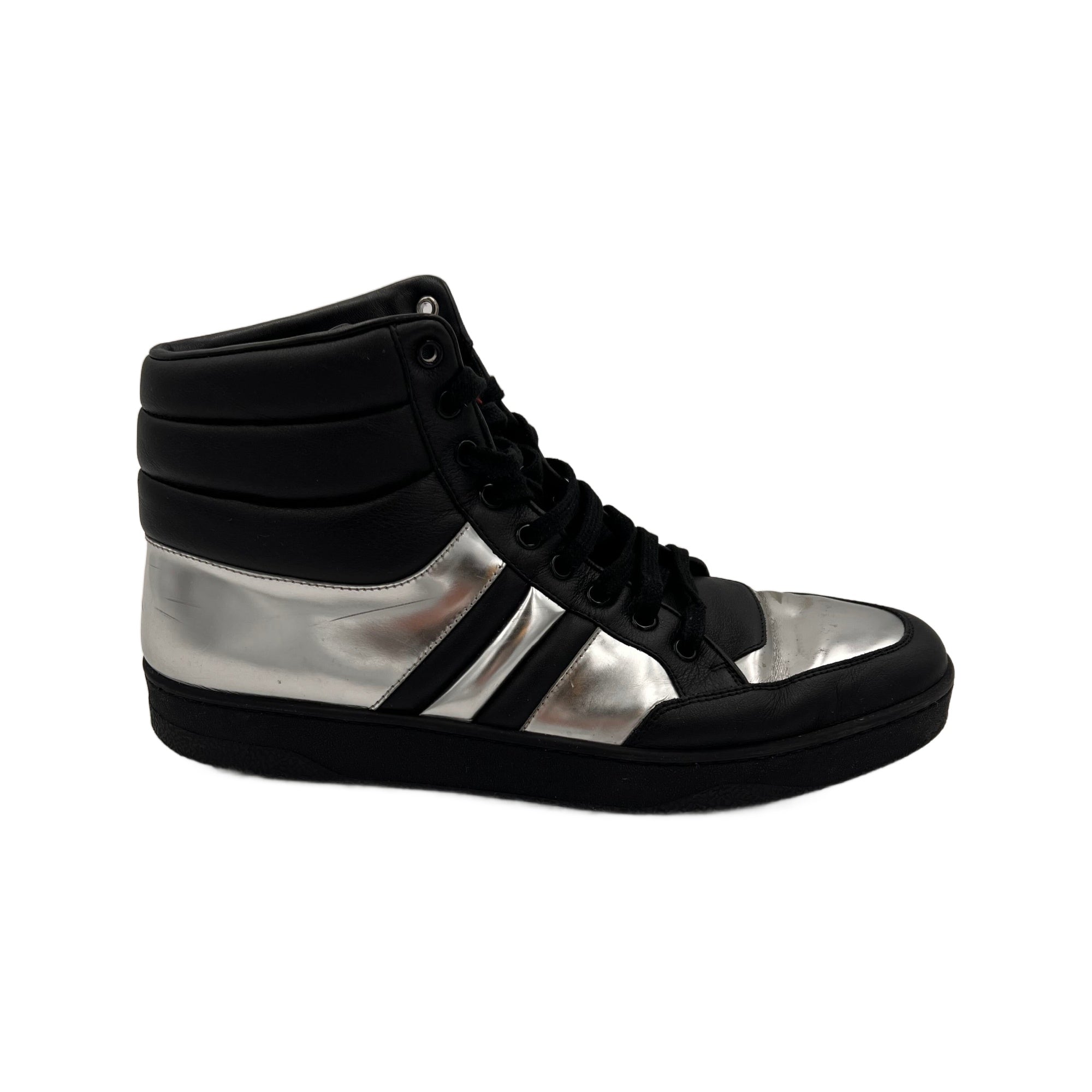 Gucci Gucci Men's High Top Contrast Padded Black/Silver Leather Sneakers (Authentic Pre-Loved)