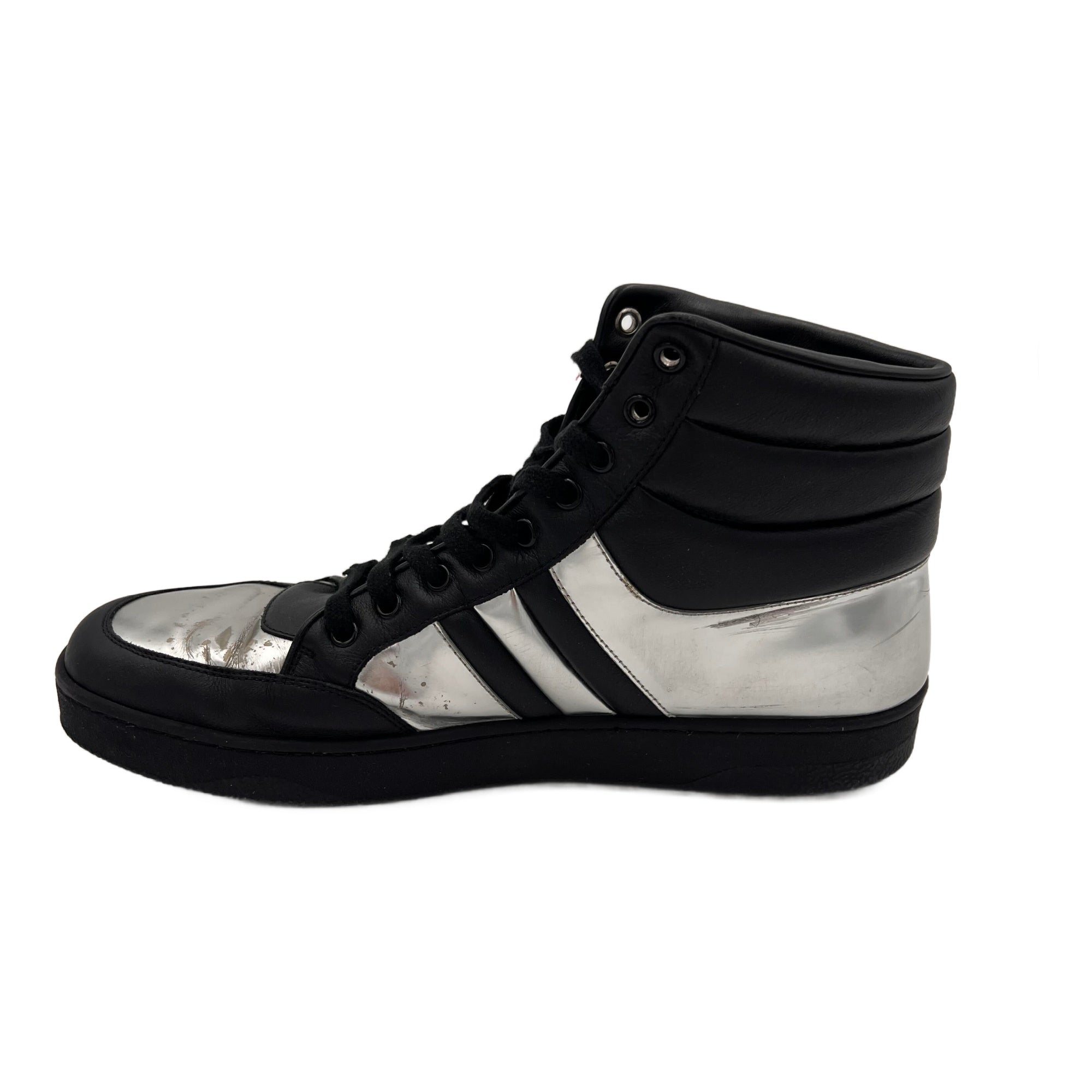 Gucci Gucci Men's High Top Contrast Padded Black/Silver Leather Sneakers (Authentic Pre-Loved)
