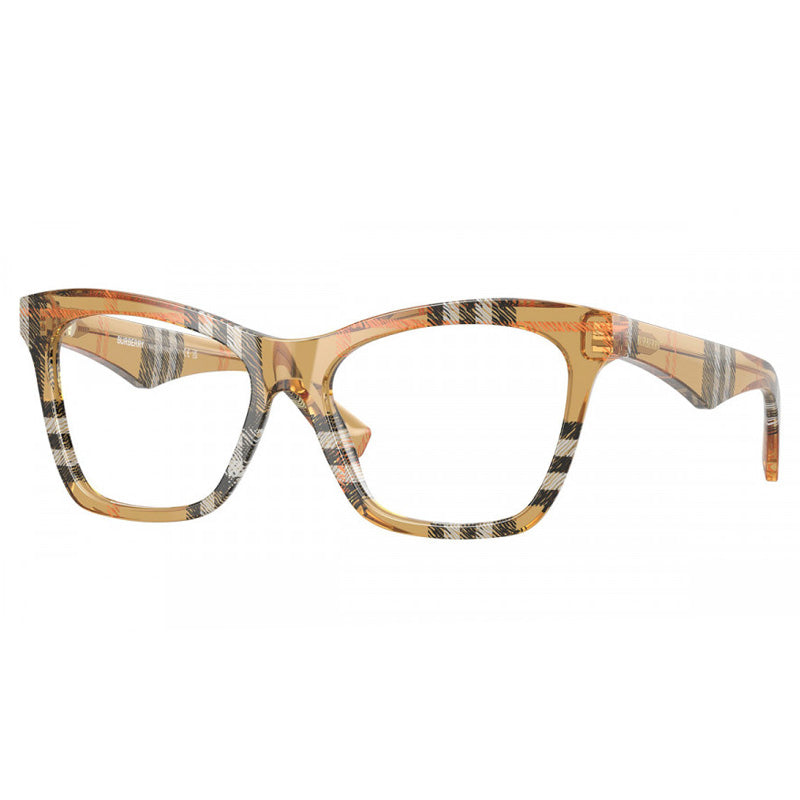 Burberry Eyeglasses Cat Eye Full Rim, Check Sand Frame and Clear Demo Lenses Lens BE24164146