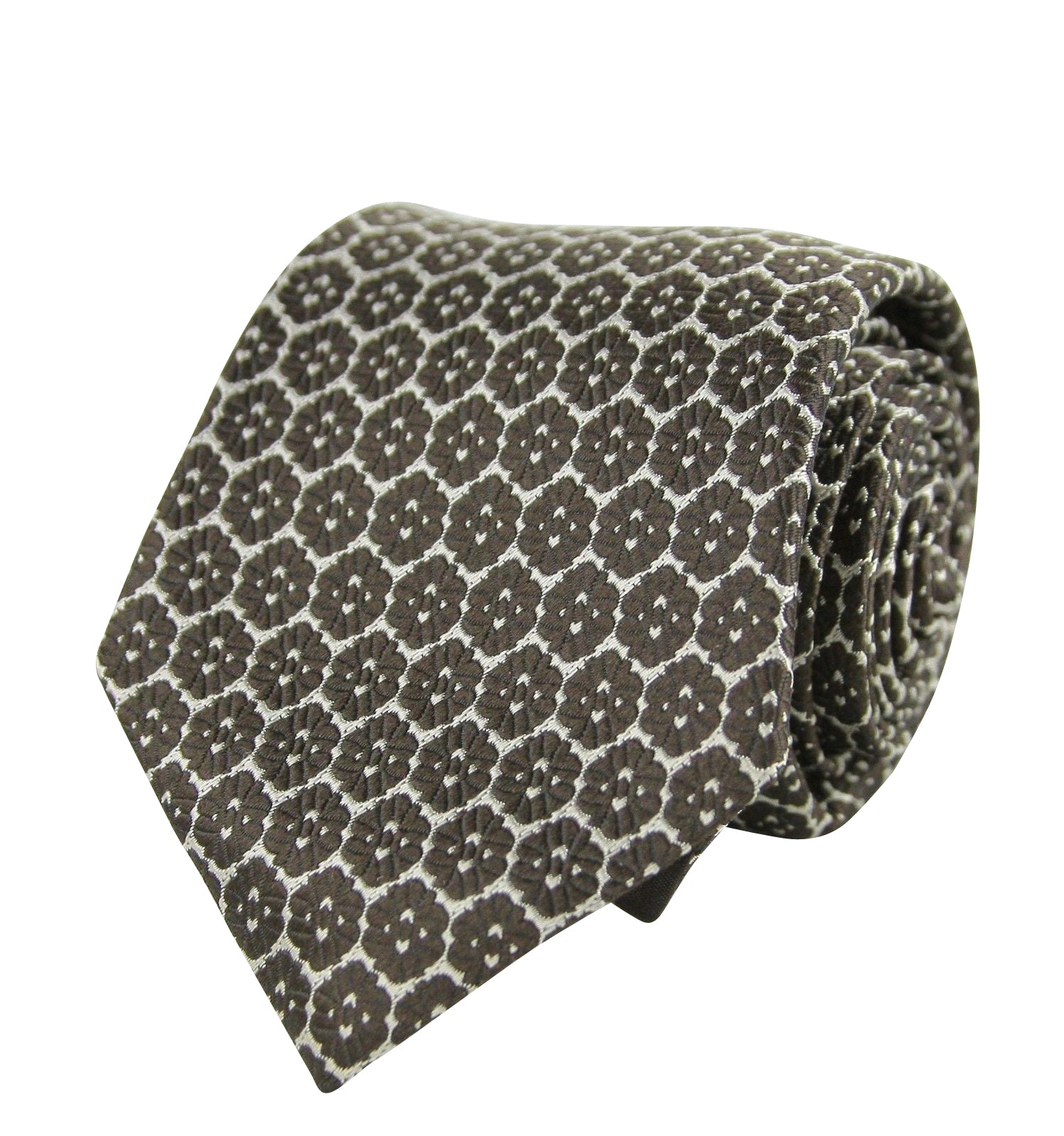 Bottega Veneta Men's Flower Print Beige / Dark Brown Silk Woven Tie Beige Dark Brown