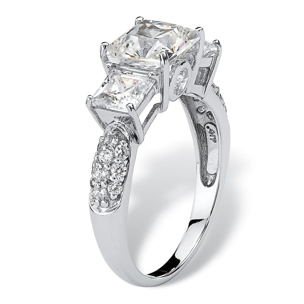 PalmBeach Jewelry 10K White Gold Princess Cut Cubic Zirconia 3-Stone Bridal Ring Sizes 5-10