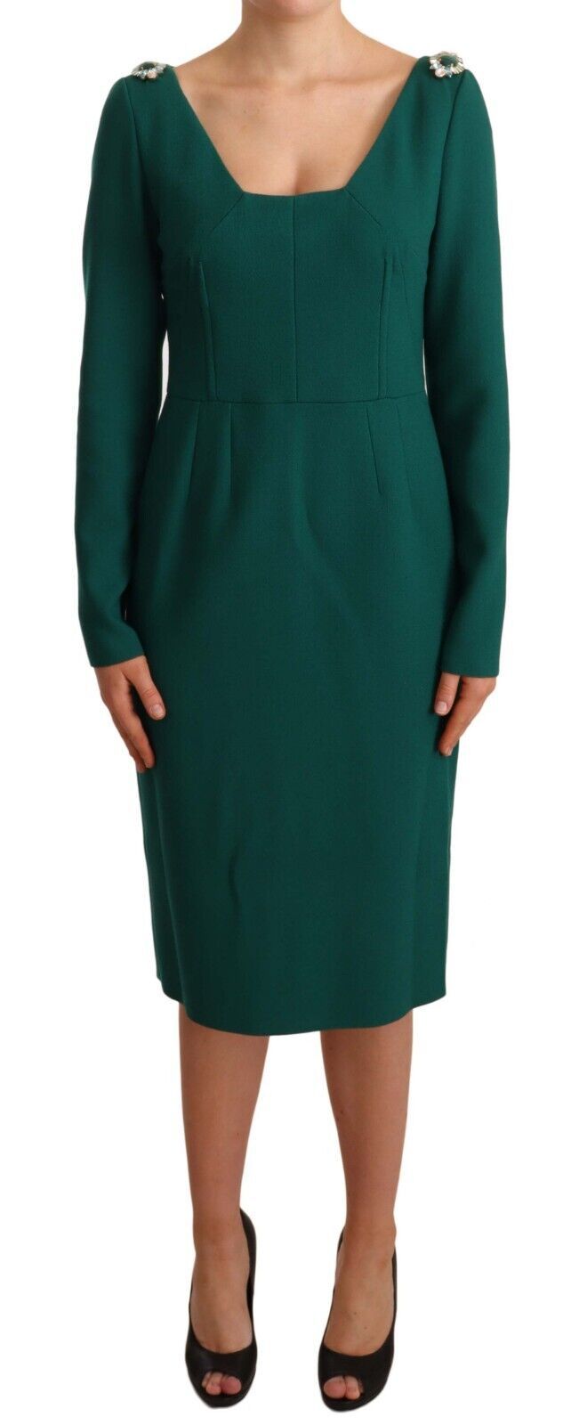 Dolce & Gabbana Green Stretch Crepe Crystal Midi Women's Dress