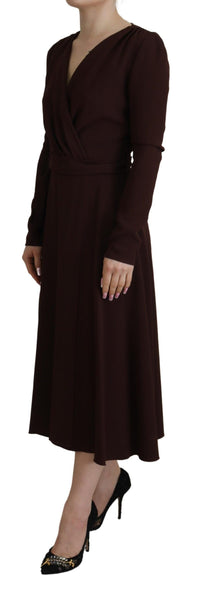 Dolce & Gabbana Brown Wrap Long Sleeve Midi Stretch Women's Dress