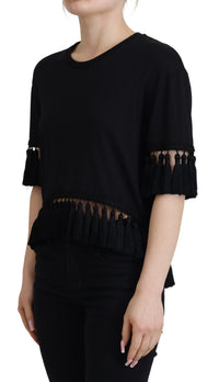 Dolce & Gabbana Black T-shirt Women's Tassle Cotton Women's Blouse