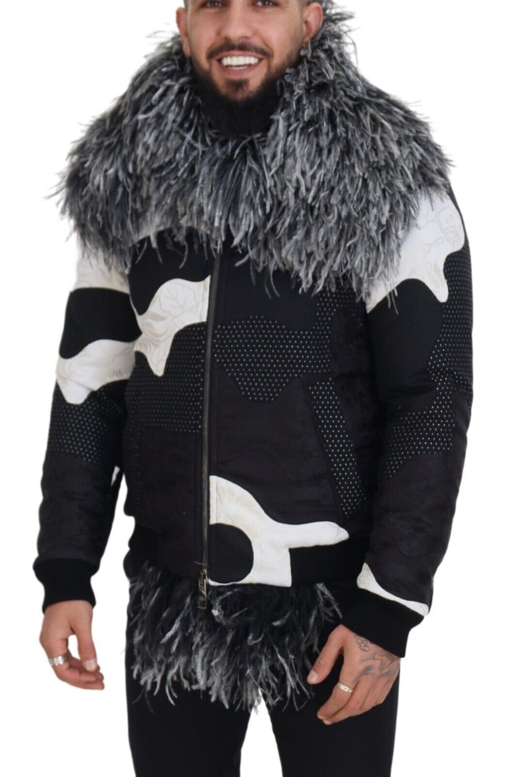 Dolce & Gabbana Black White Fur Shearling Full Zip Men's Jacket