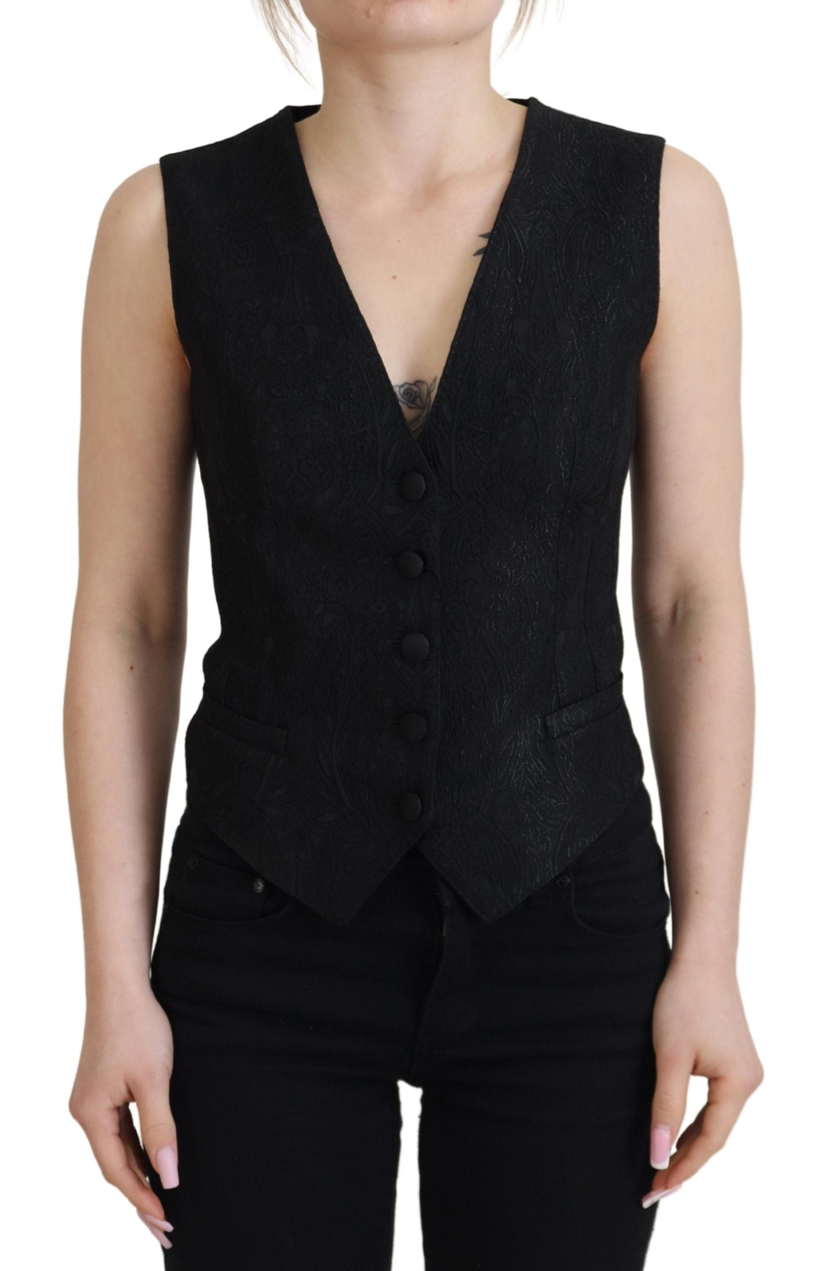 Dolce & Gabbana Dolce & Gabbana Black Brocade Button Down Sleeveless Vest Women's Top