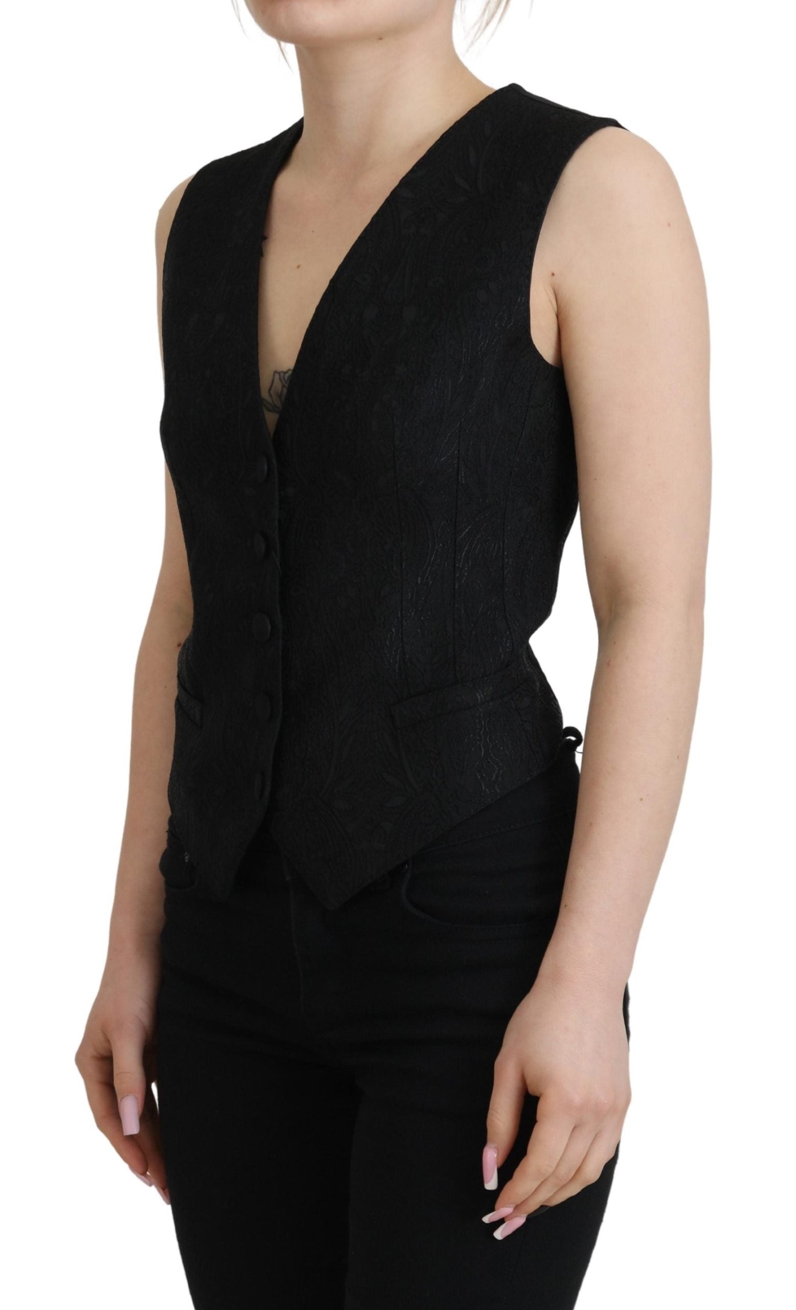 Dolce & Gabbana Dolce & Gabbana Black Brocade Button Down Sleeveless Vest Women's Top