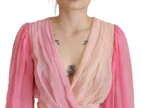 Dolce & Gabbana Pink Silk Wrap Long Sleeves Blouse Women's Top