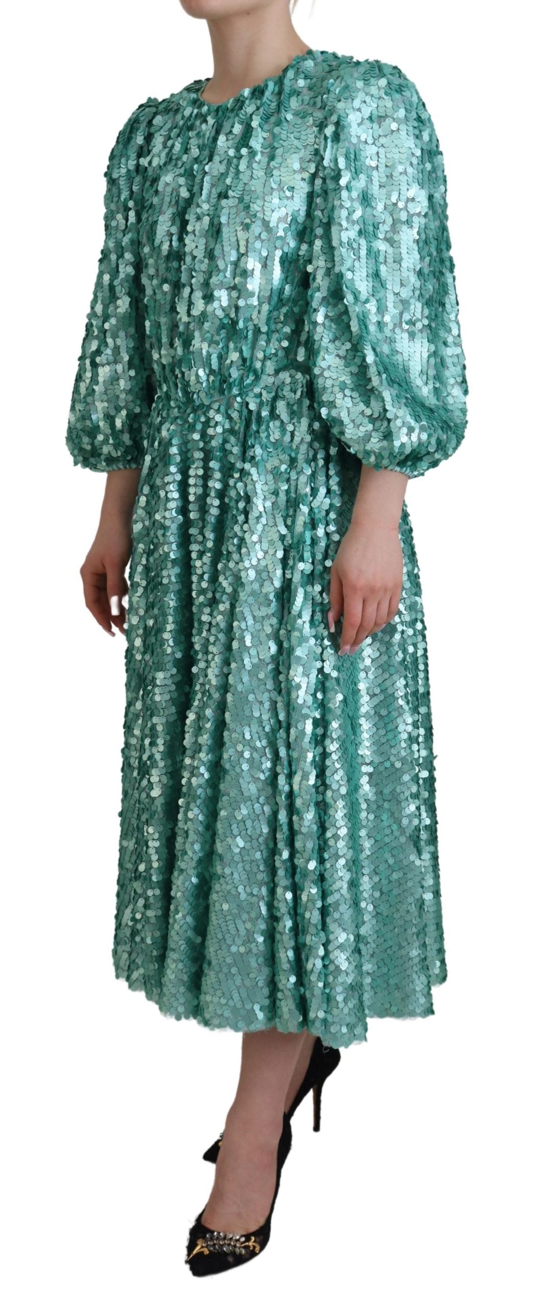 Dolce & Gabbana Blue Sequined Pleated Aline Midi Nylon Women's Dress