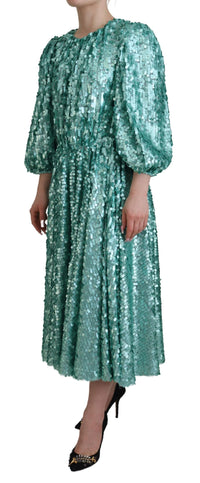 Dolce & Gabbana Blue Sequined Pleated Aline Midi Nylon Women's Dress