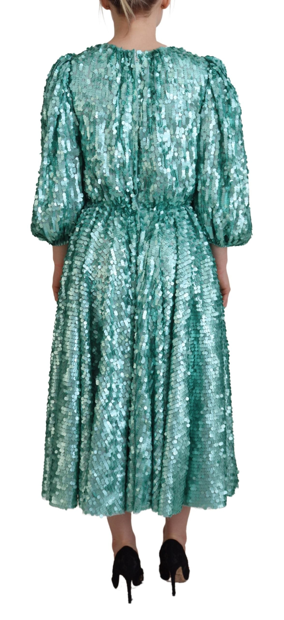 Dolce & Gabbana Blue Sequined Pleated Aline Midi Nylon Women's Dress