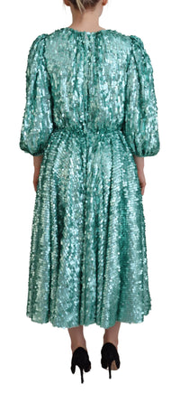 Dolce & Gabbana Blue Sequined Pleated Aline Midi Nylon Women's Dress
