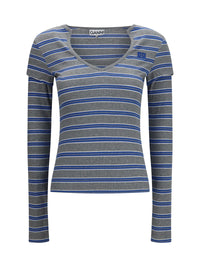 Ganni Women Ribbed V-Neck Long-Sleeve T-Shirt