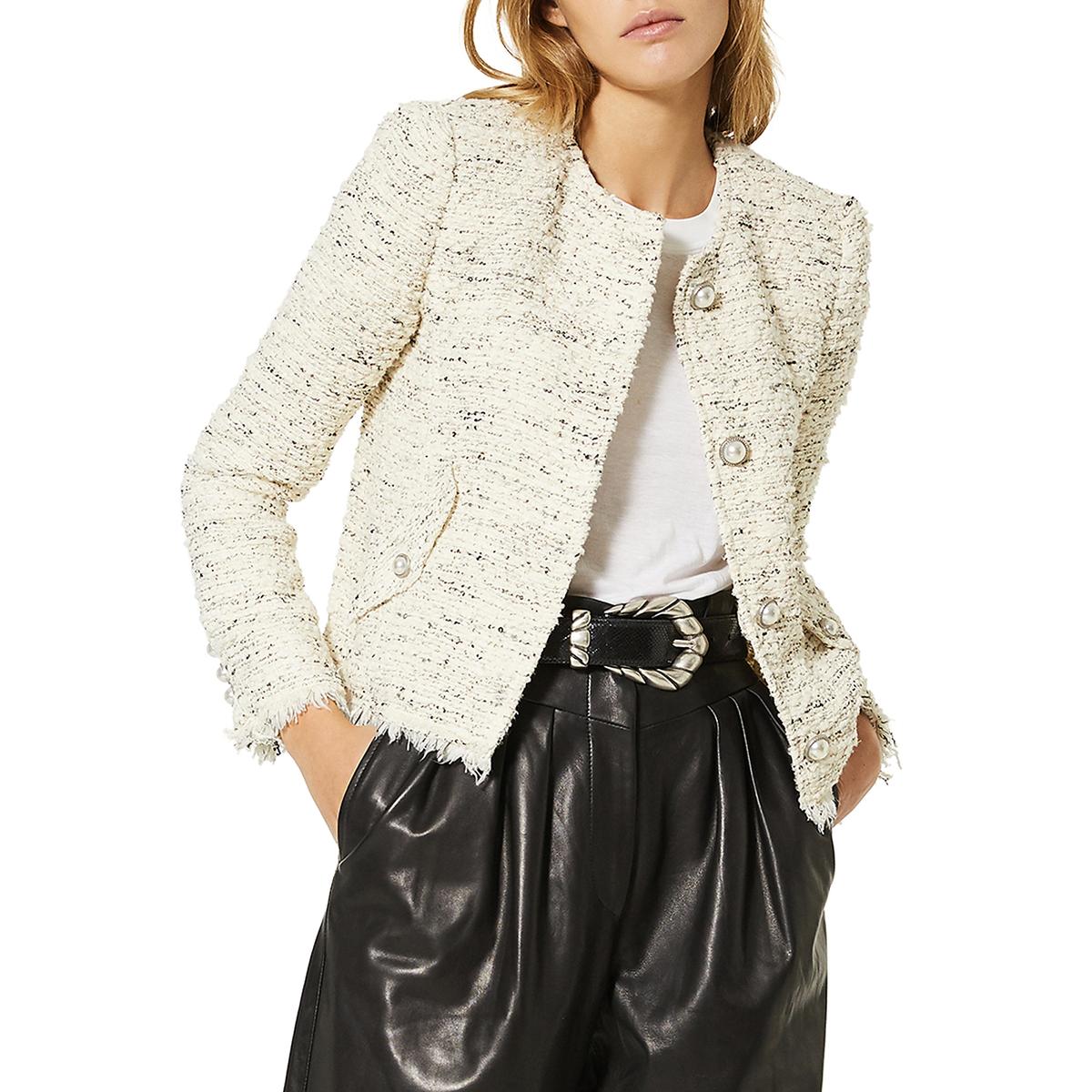 Womens Boucle Woven Collarless Blazer