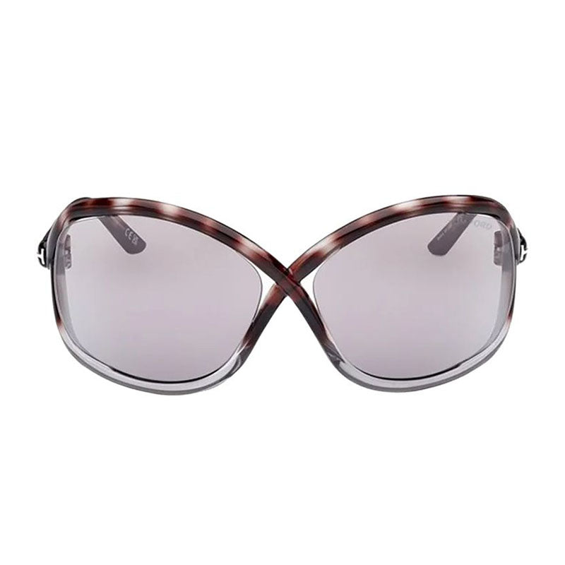 Tom Ford Geometric Semi Rim, with a Dark Havana/Pink frame and Violet Gradient Mirror lens.