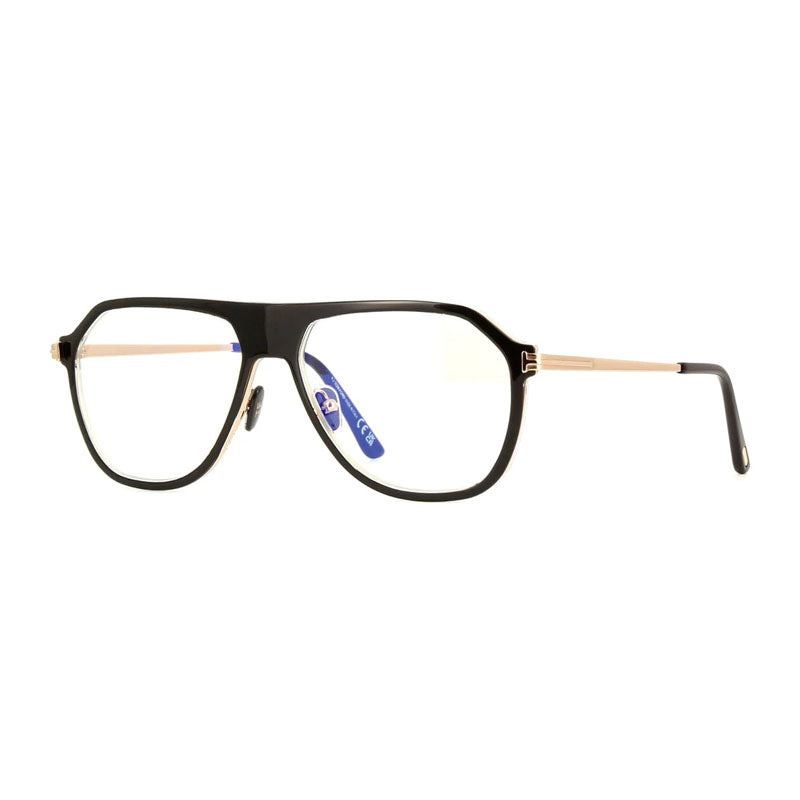 Tom Ford Tom Ford Eyeglasses Aviator Full Rim, Black/Gold Frame and Clear/Blue-Light Block Lenses Lens FT5943-B003