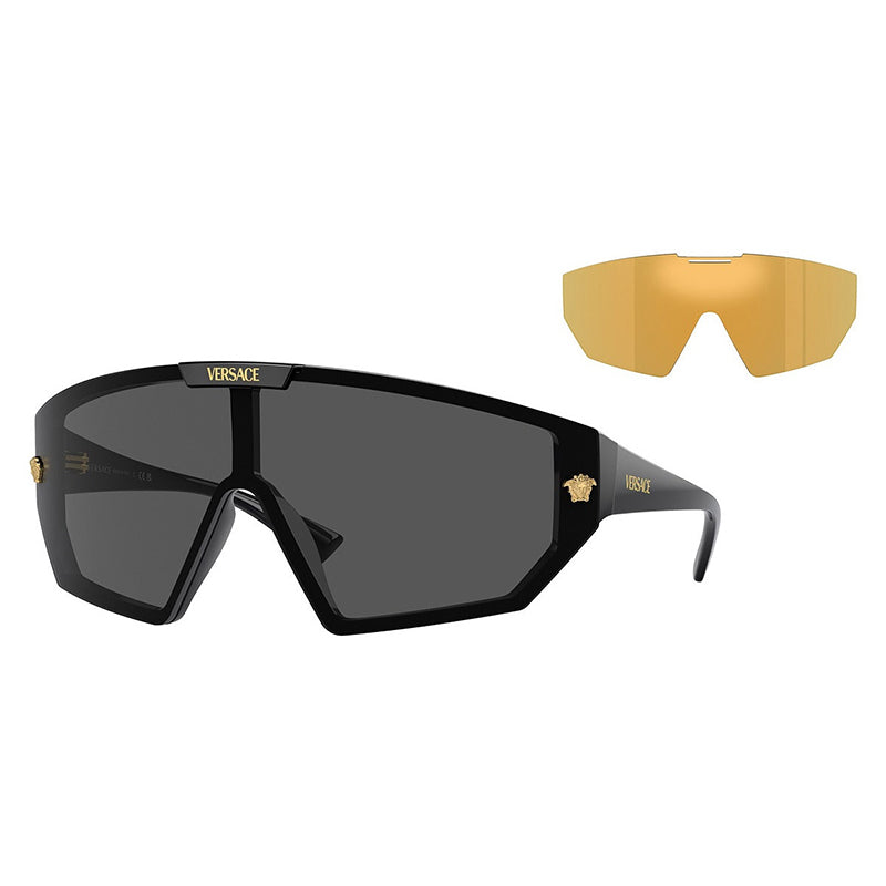 Versace Versace Sunglasses Shield Full Rim, Black Frame and Dark Grey/Mirror Gold Lens VE4461GB1/87