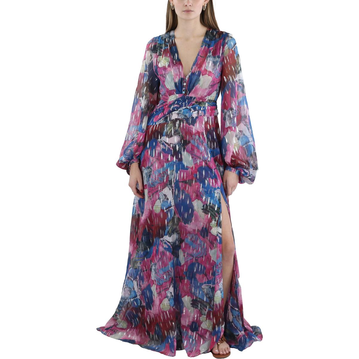 Womens Metallic Full Length Maxi Dress Pink Blue