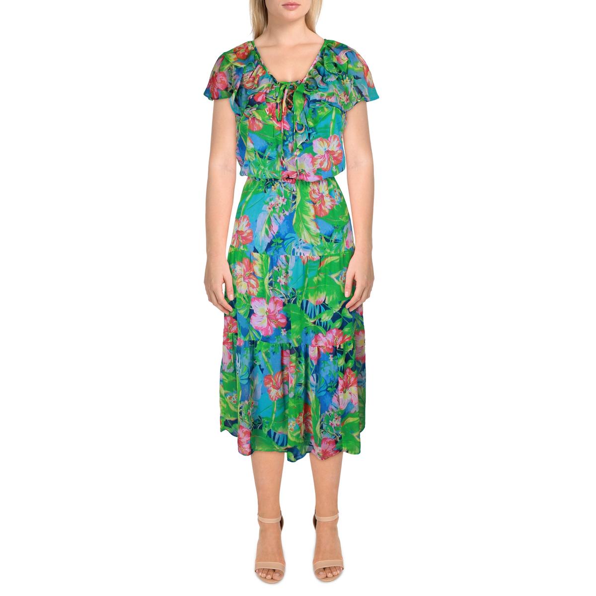 Womens Floral Ruffle Sleeve Midi Dress
