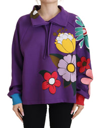 Dolce & Gabbana Purple Floral Print Pullover Cotton Women's Sweater