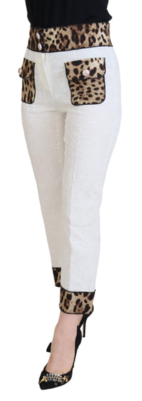 Dolce & Gabbana White Leopard Print High Waist Women's Pants