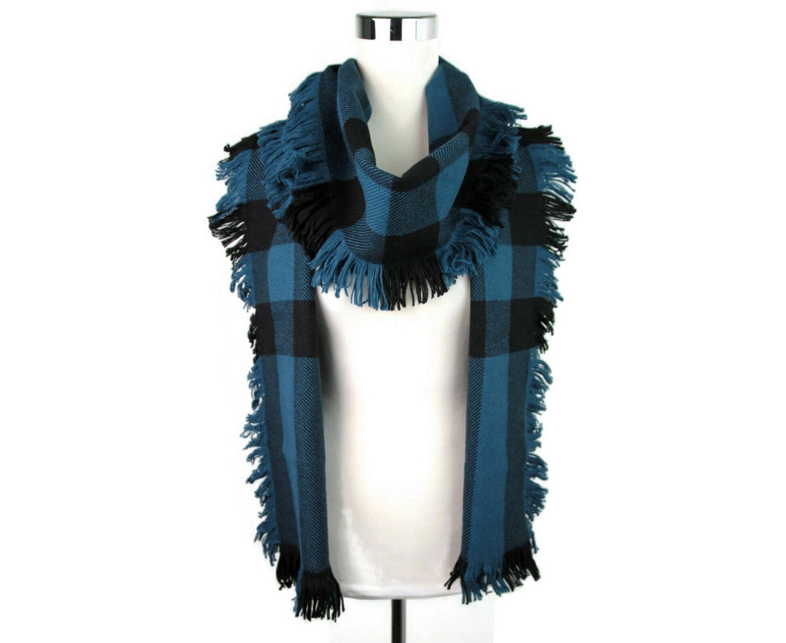 Burberry Women's Blue / Black Wool Fashion Scarf With Fringe And Pink Stripe