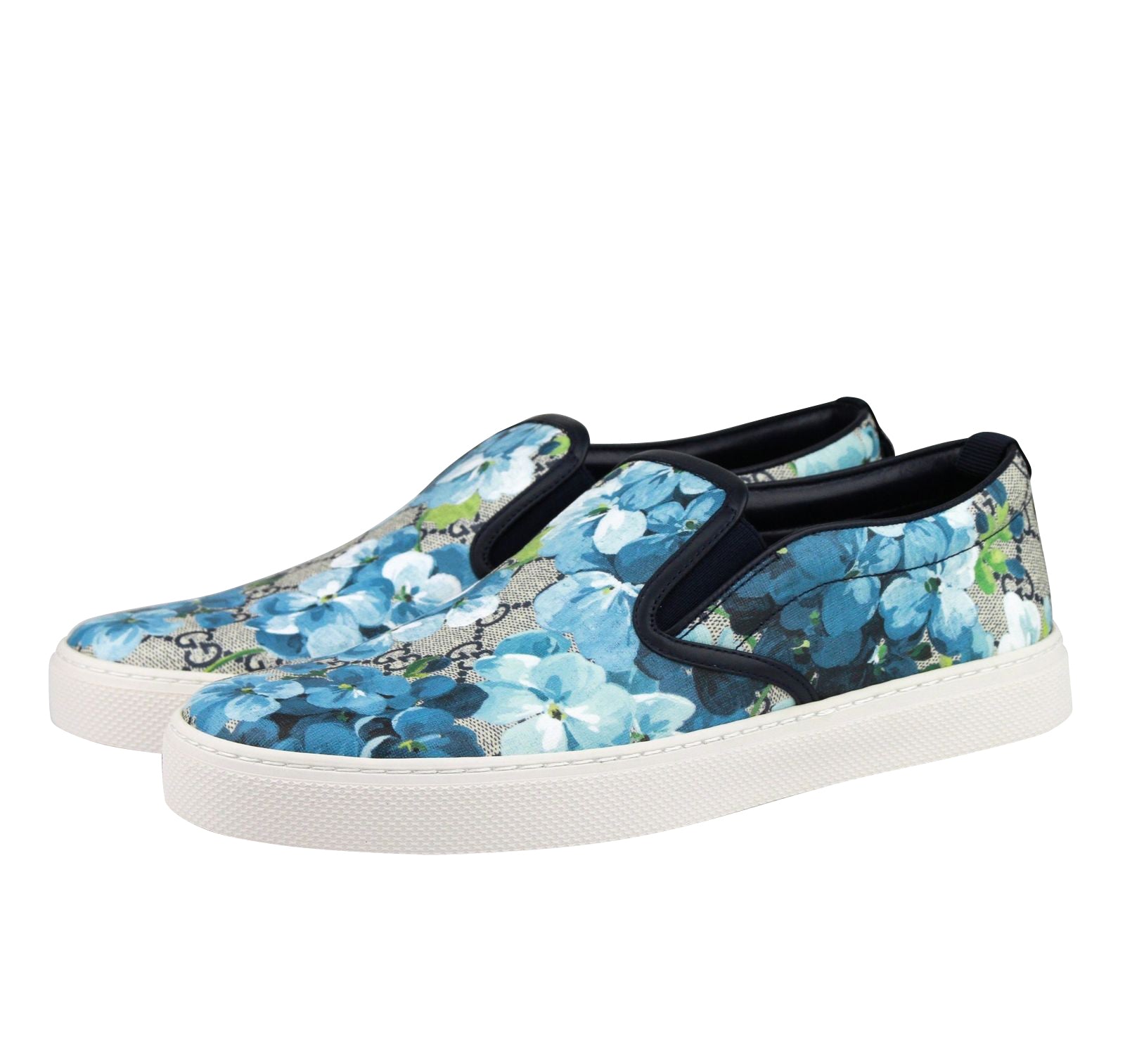 Gucci Gucci Men's Bloom Flower Print Blue GG Supreme Coated Canvas Slip Sneakers