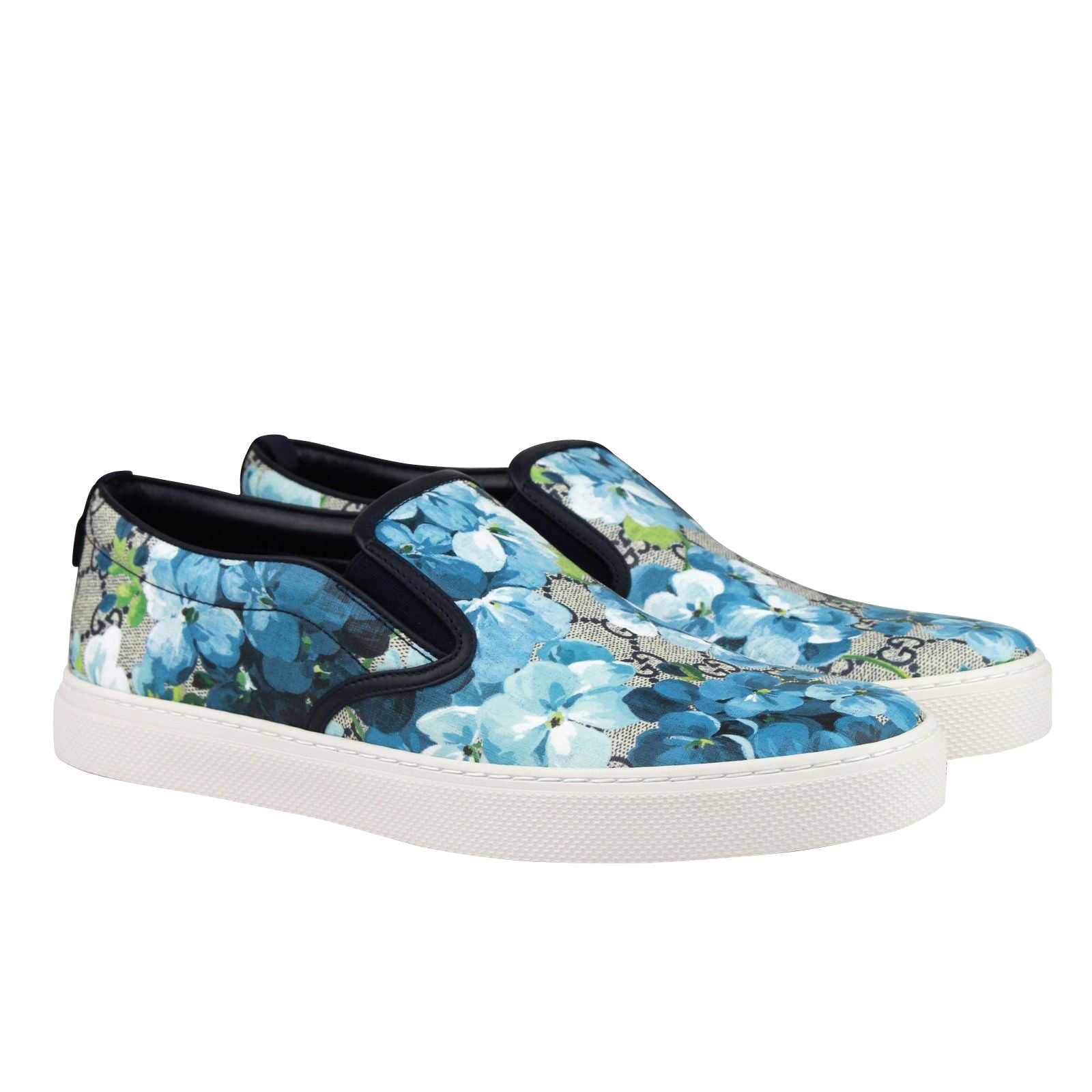 Gucci Gucci Men's Bloom Flower Print Blue GG Supreme Coated Canvas Slip Sneakers